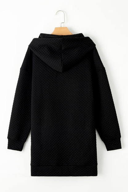 Black Drawstring Kangaroo Pocket Quilted Hooded Dress