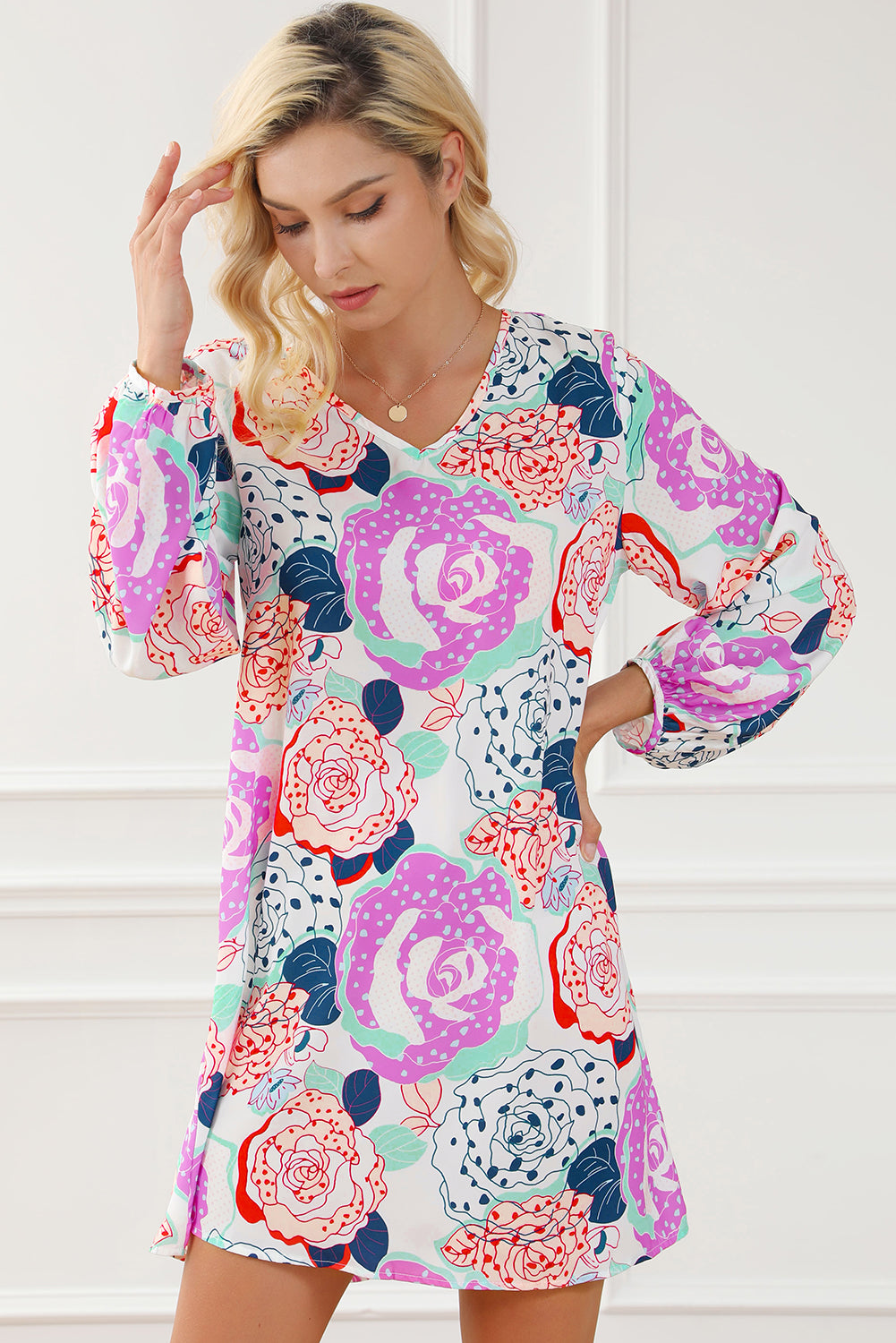 Multicolor Bracelet Bubble Sleeve Blooming Flower Print Dress