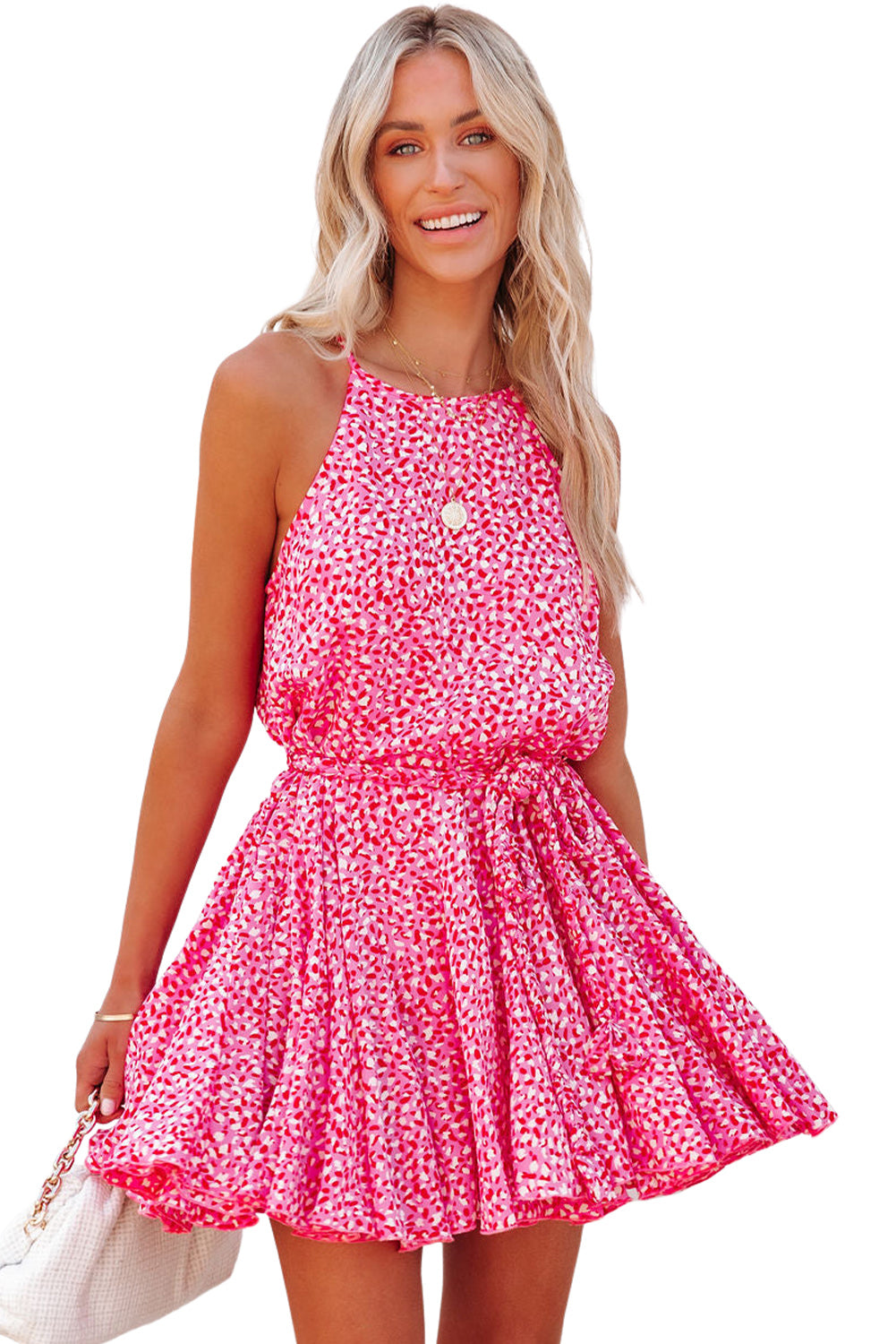 Pink Leopard Print Sleeveless Mini Dress with Waist Tie