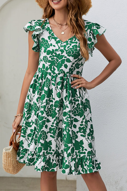 Dark Green Leaf Print V Neck Flutter Sleeve Dress