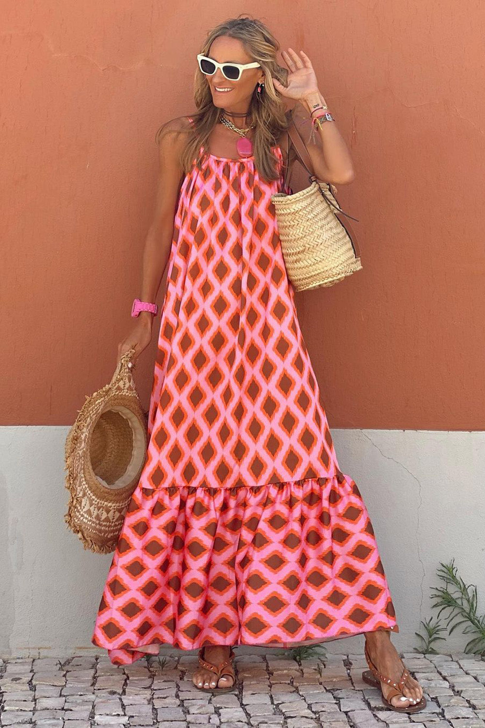 Fiery Red Geometric Print Loose Fit Sleeveless Maxi Dress