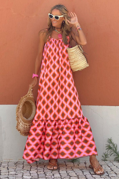 Fiery Red Geometric Print Loose Fit Sleeveless Maxi Dress