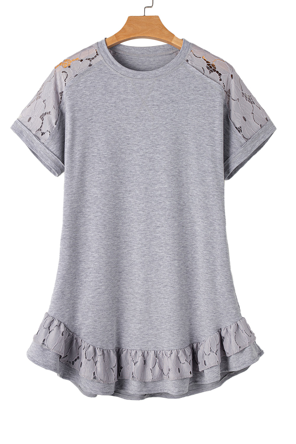 Light Grey Lace Floral Patchwork Ruffled T-shirt Dress