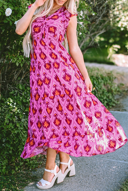 Bonbon Retro Print Twisted Front Ruffled Sleeve Maxi Dress