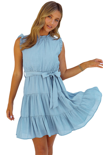 Sky Blue Frilled Neck Sleeveless Tiered Tulle Dress