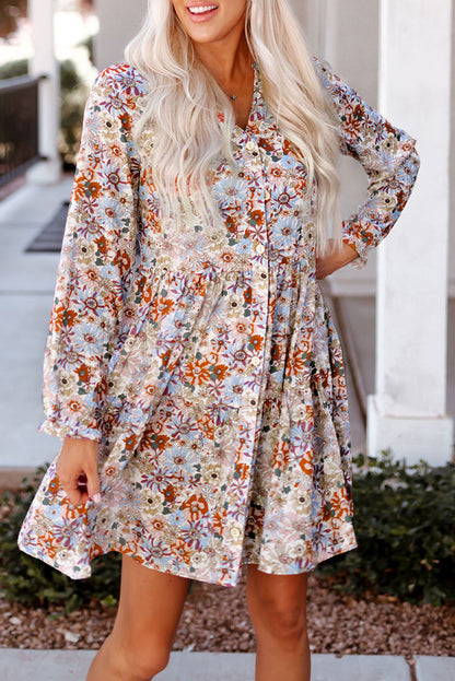 Multicolor Split Neck Buttons Front Shirt Floral Dress