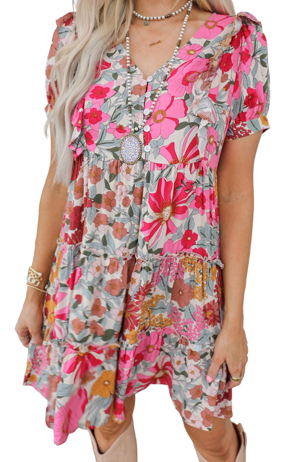 Multicolor Floral Print Patchwork Frill Tiered Shift Dress