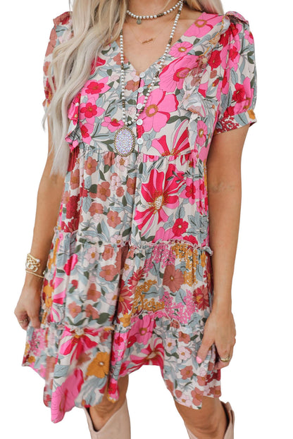 Multicolor Floral Print Patchwork Frill Tiered Shift Dress