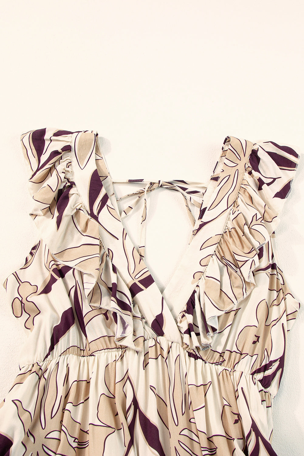 Brown Ruffled V Neck Leaves Print Long Dress