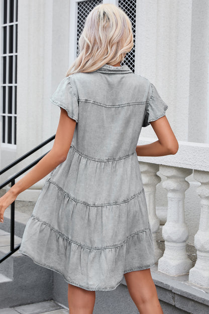 Light Grey Mineral Washed Ruffle Sleeve Tiered Chambray Dress