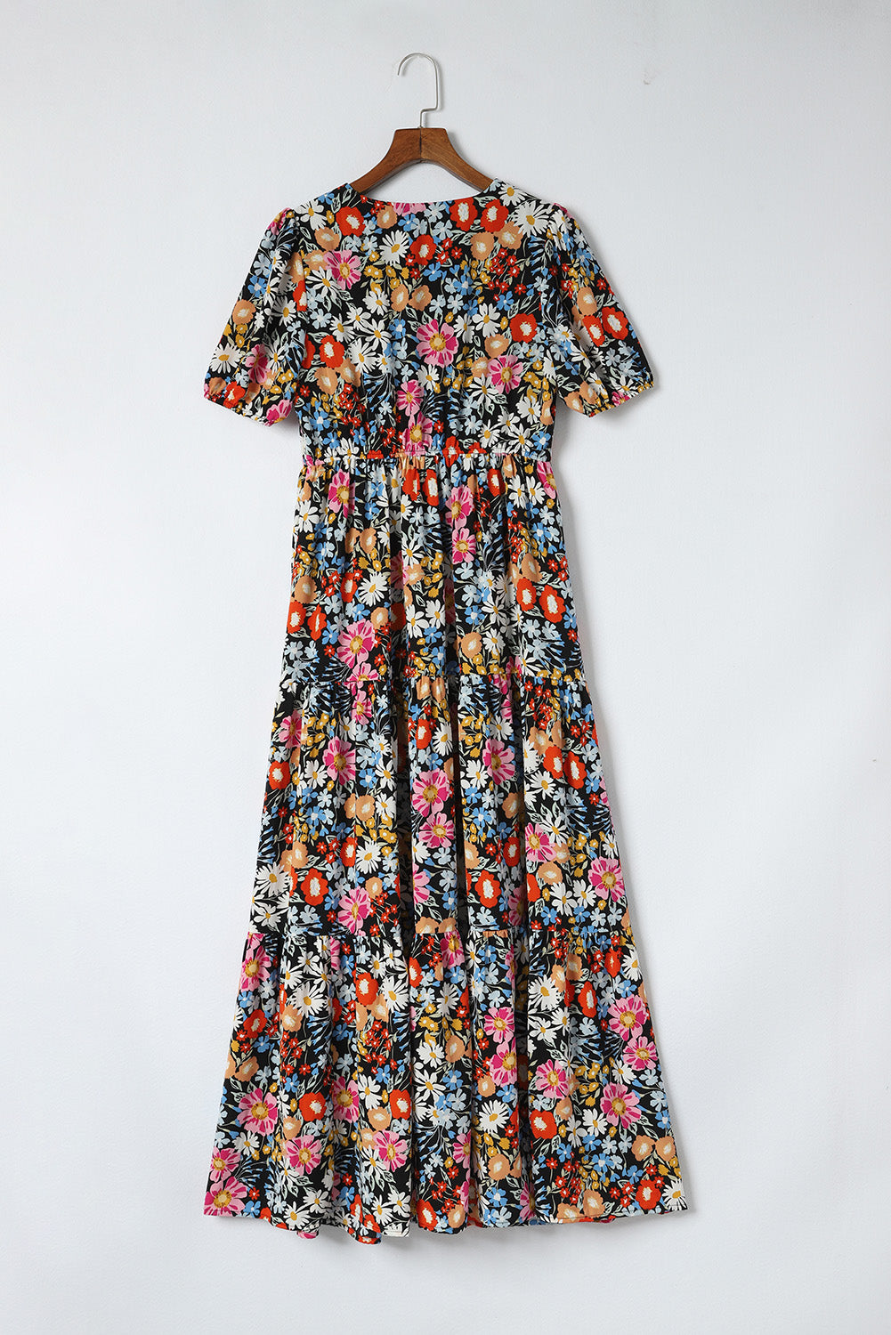 Black Short Sleeve Boho Floral Pattern Tiered Maxi Dress