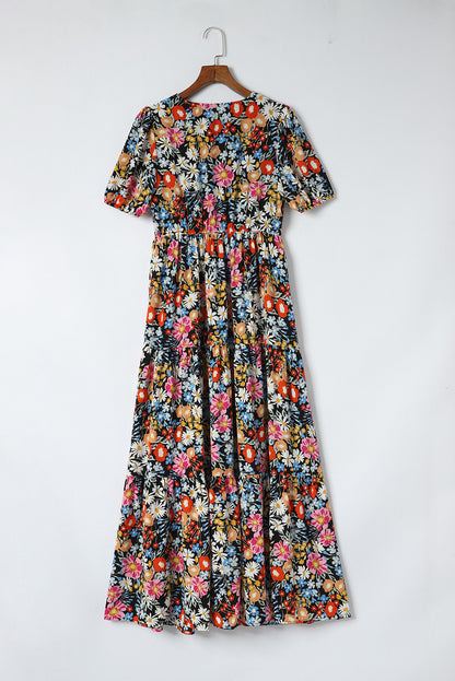 Black Short Sleeve Boho Floral Pattern Tiered Maxi Dress