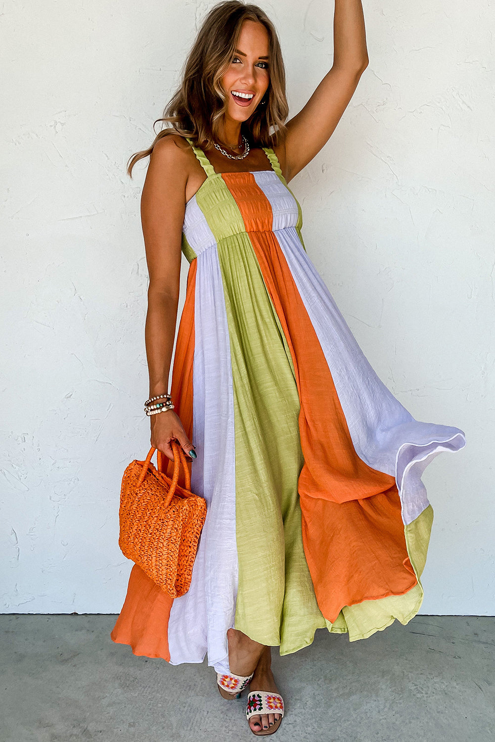 Green Color Block Shirred High Waist Fit and Flare Maxi Dress