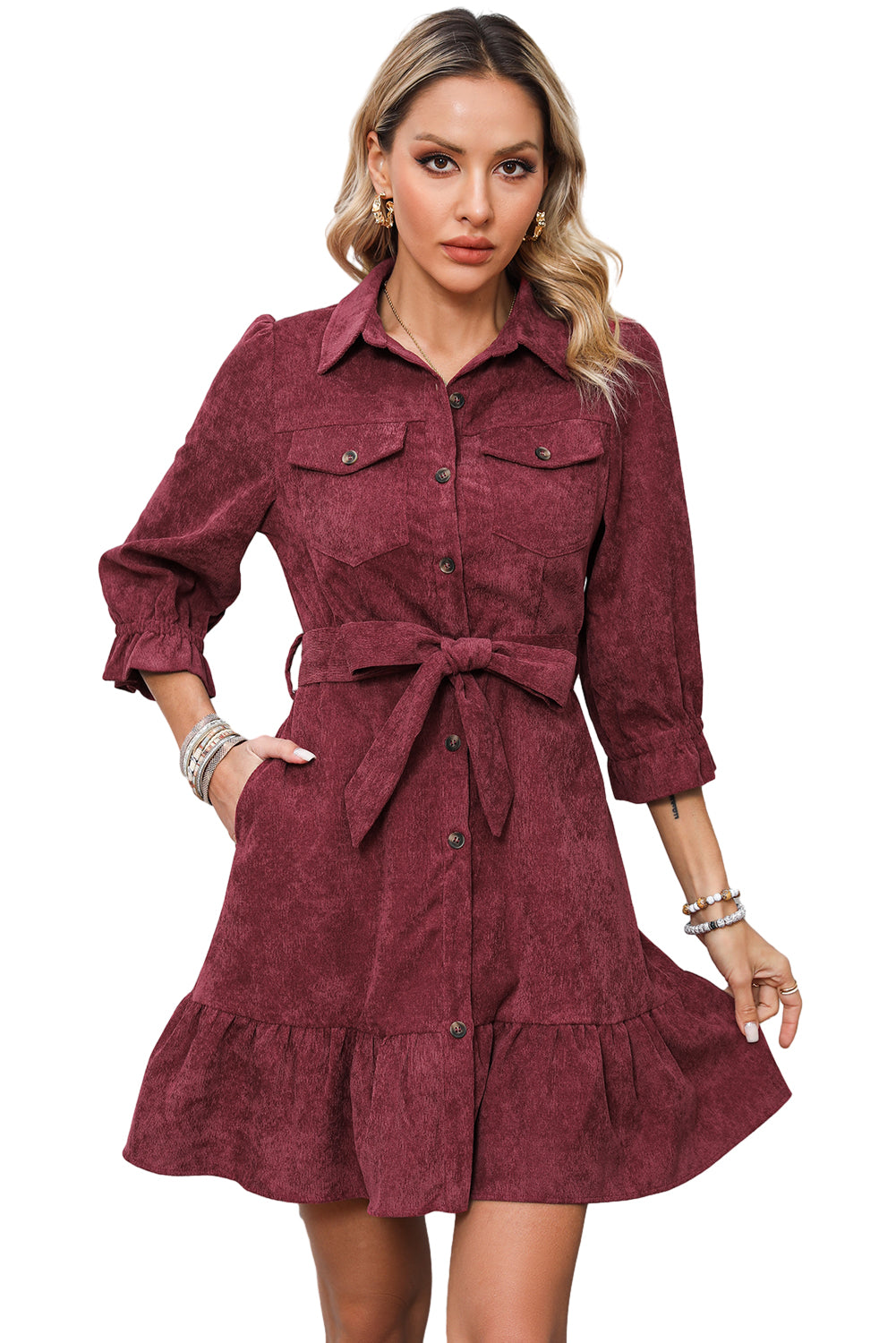 Red Dahlia Collared Buttons Front Ruffled Hem Shirt Corduroy Dress