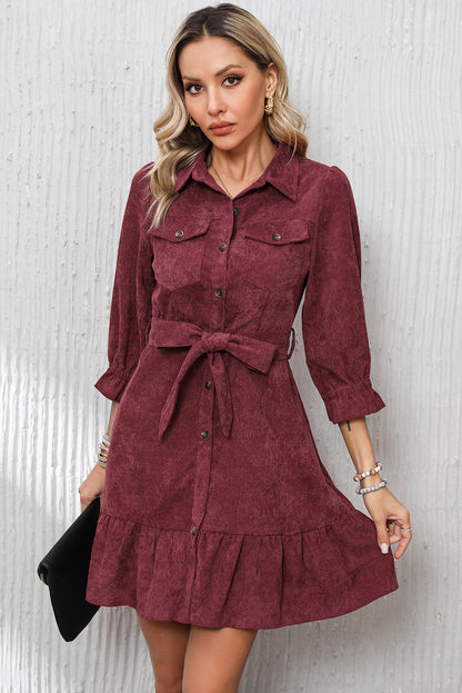 Red Dahlia Collared Buttons Front Ruffled Hem Shirt Corduroy Dress