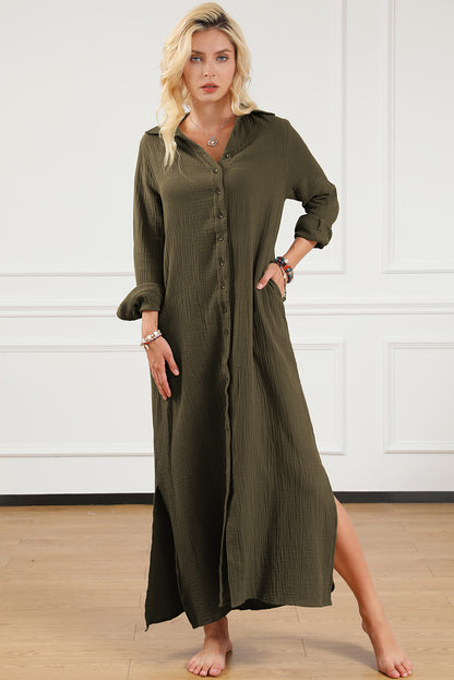 Green Crinkle Button Up Casual Split Shirt Maxi Dress