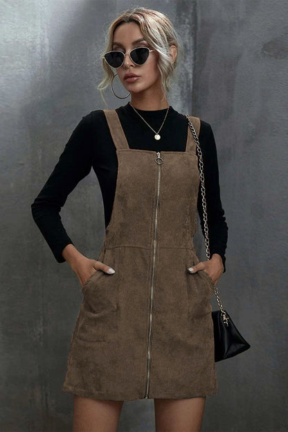 Brown O-ring Zip Up Pocketed Corduroy Dress