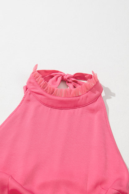 Strawberry Pink Gauze Ruffle Tiered Knotted Halter Dress