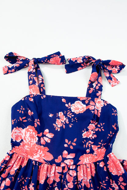 Blue Tie Shoulder Straps Tiered Floral Dress