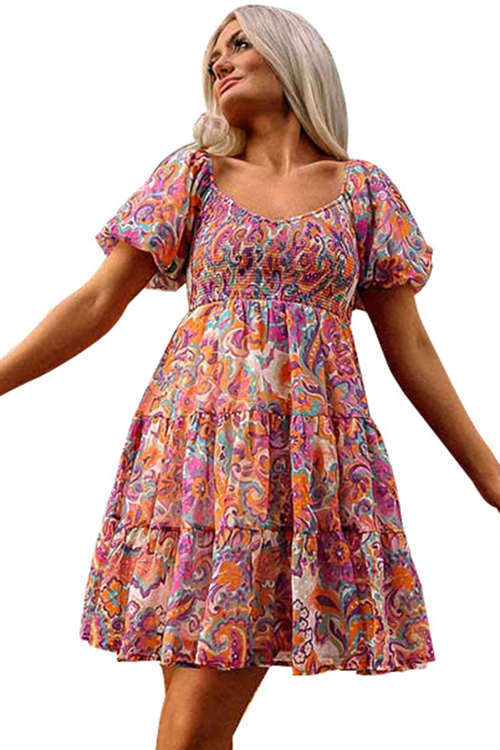 Multicolor Boho Print Smocked Ruffled Puff Sleeve Mini Dress