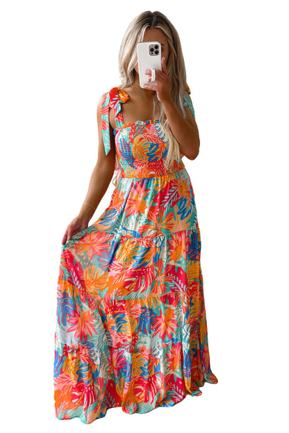 Multicolor Vibrant Tropical Print Smocked Ruffle Tiered Maxi Dress