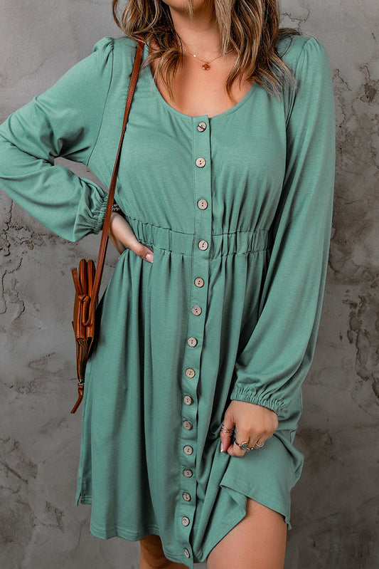 Green Button Up High Waist Long Sleeve Dress