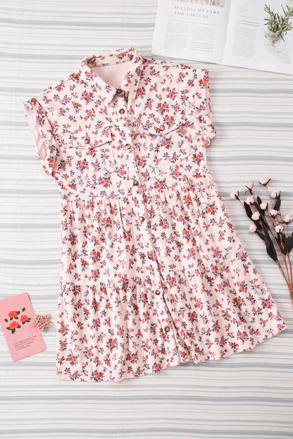 Pink Short Sleeve Flap Pockets Shirt Floral Dress