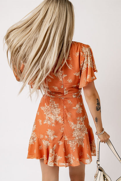 Orange Wrapped V Neck Flutter Sleeve Floral Dress with Ruffle