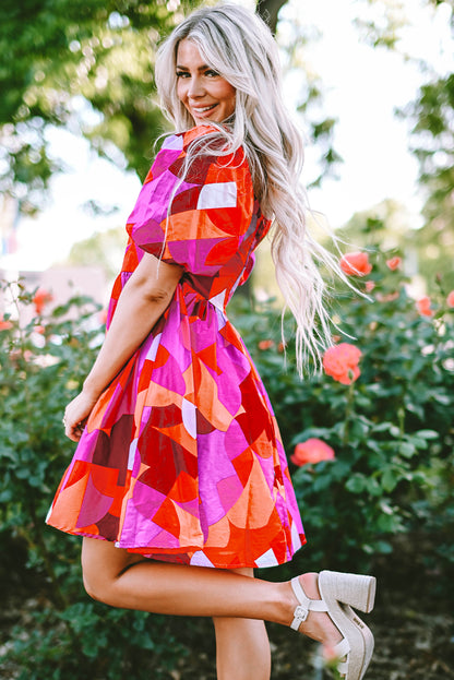 Red Abstract Print Square Neck Puff Sleeve Dress