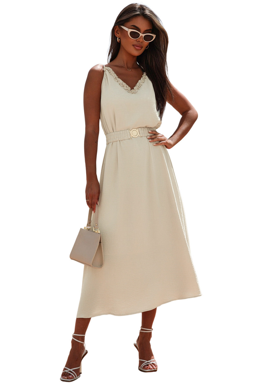 Apricot V Neck Sleeveless Maxi Dress with Elastic Belt