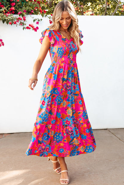 Rose Red Boho Floral V Neck Ruffle Tiered Long Dress