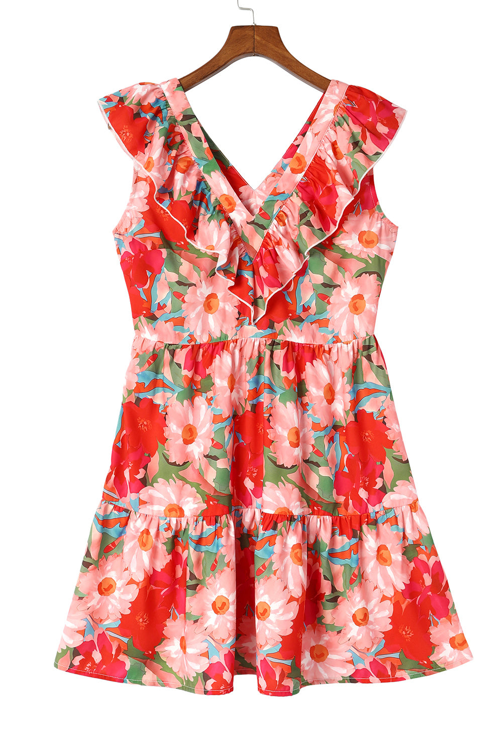 Fiery Red Floral Sleeveless V Neck Frill Mini Dress