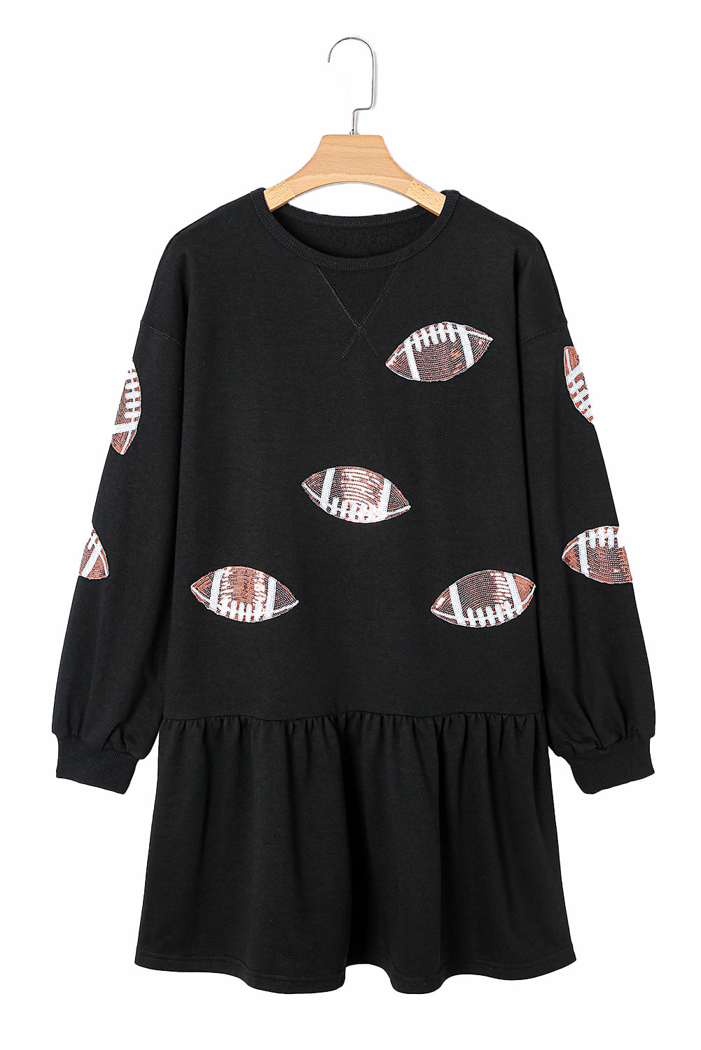 Black Game Day Sequin Rugby Football Pattern Ruffled Short Dress