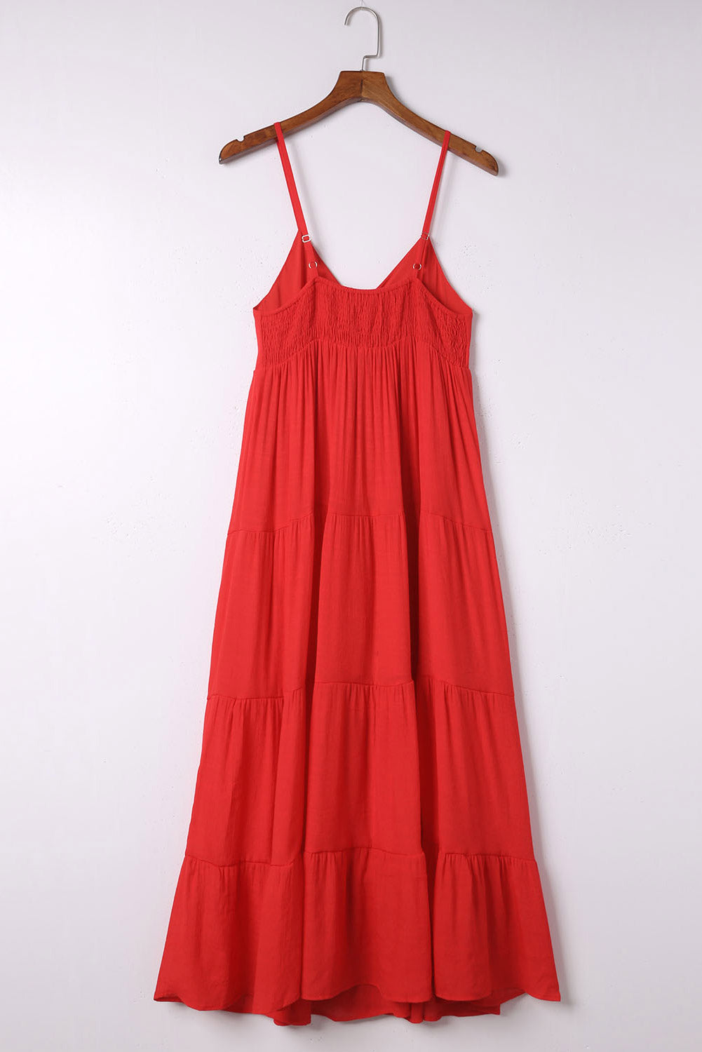 Red O-ring Smocked Back Spaghetti Straps Tiered Maxi Dress