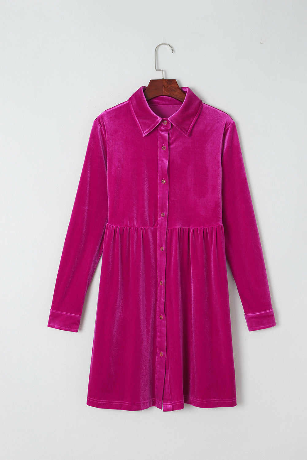 Rose Long Sleeve Ruffle Velvet Button Up Dress