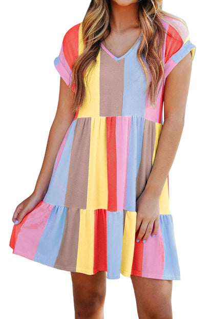 Fiery Red Multicolor Striped Color Block Tiered Mini Dress