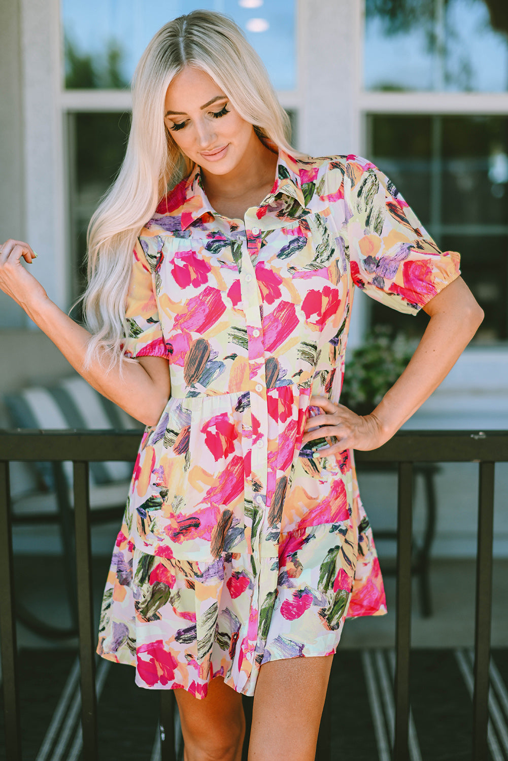 Multicolor Floral Print Short Sleeve Shirt Dress