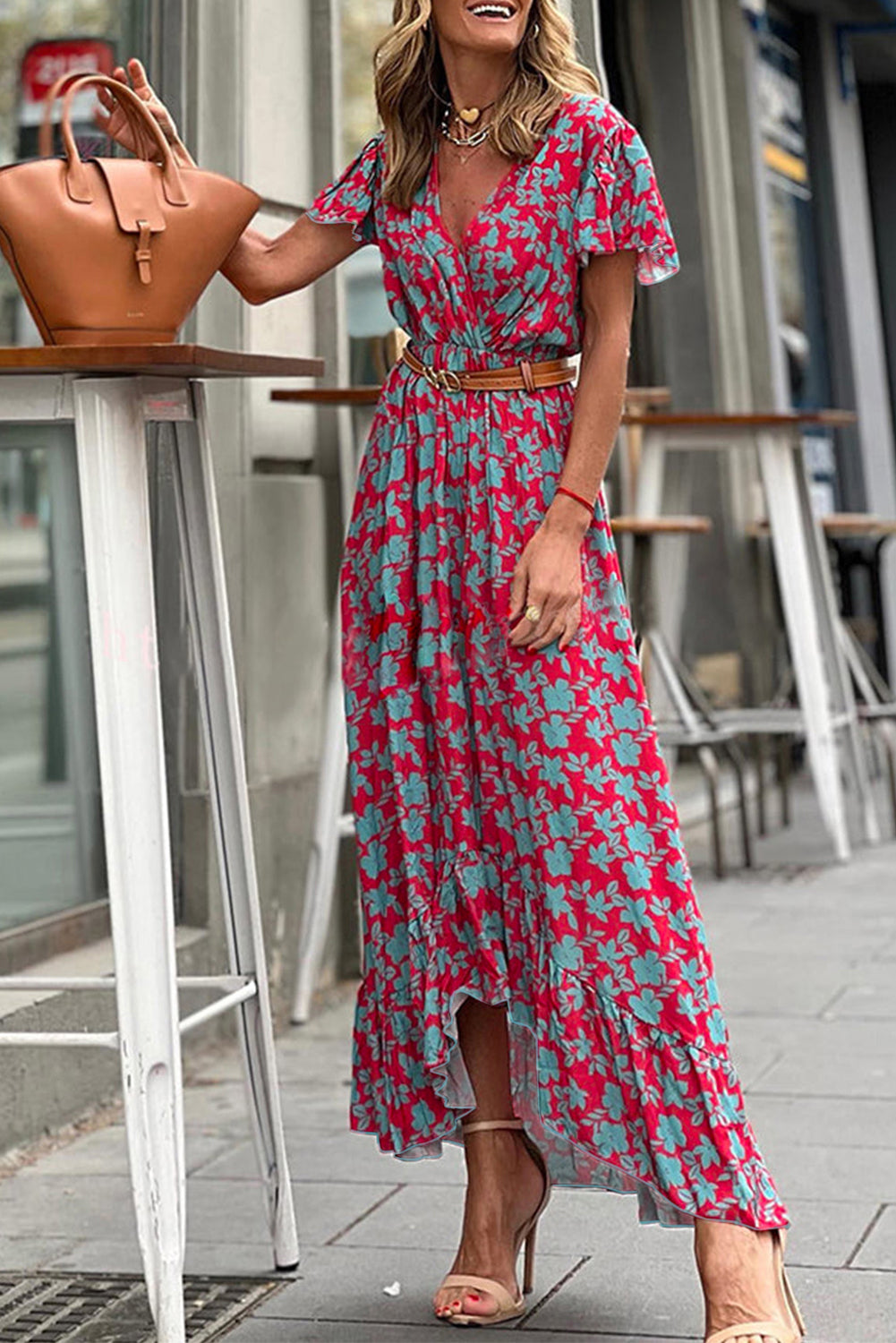 Red V Neck Flutter Sleeve Floral Print Ruffled Maxi Dress