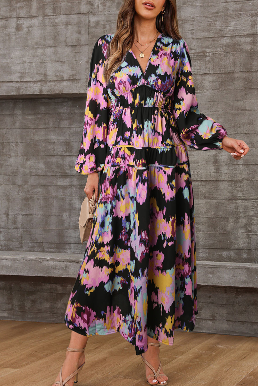 Black Abstract Print Pleated High Waist Maxi Dress