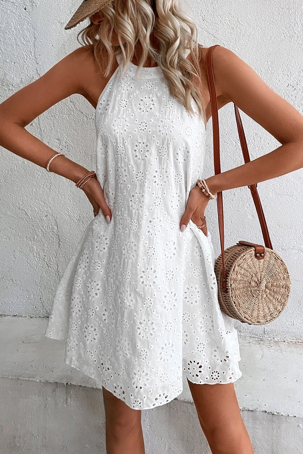 White Boho Eyelet Pattern Halter Neck Sleeveless Dress