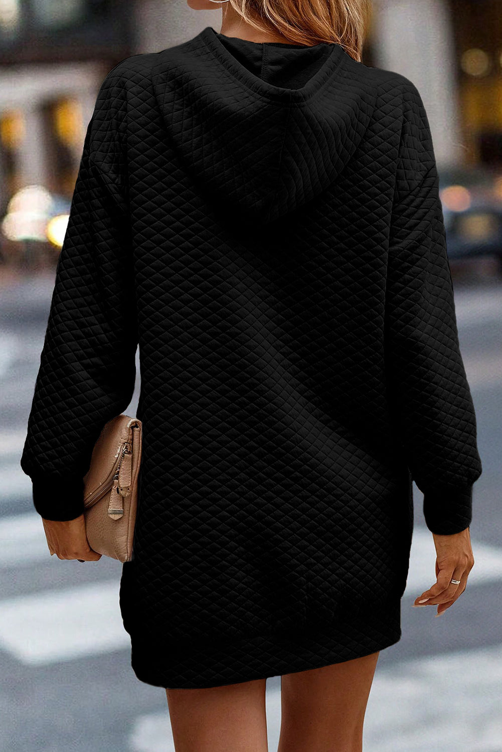 Black Drawstring Kangaroo Pocket Quilted Hooded Dress