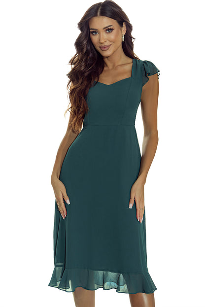 Sea Green Shirred Open Back Sweetheart Neck Ruffled Midi Dress