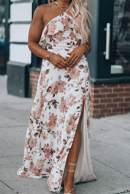 White Floral Slit Ruffled Halterneck Maxi Dress