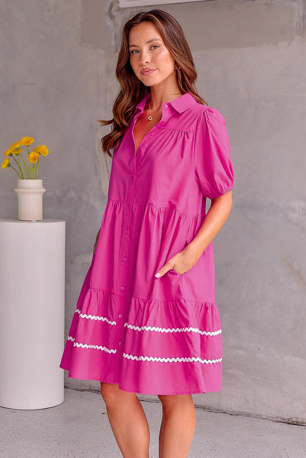 Rose Red Puff Sleeve Contrast Ric-rac Shirt Dress