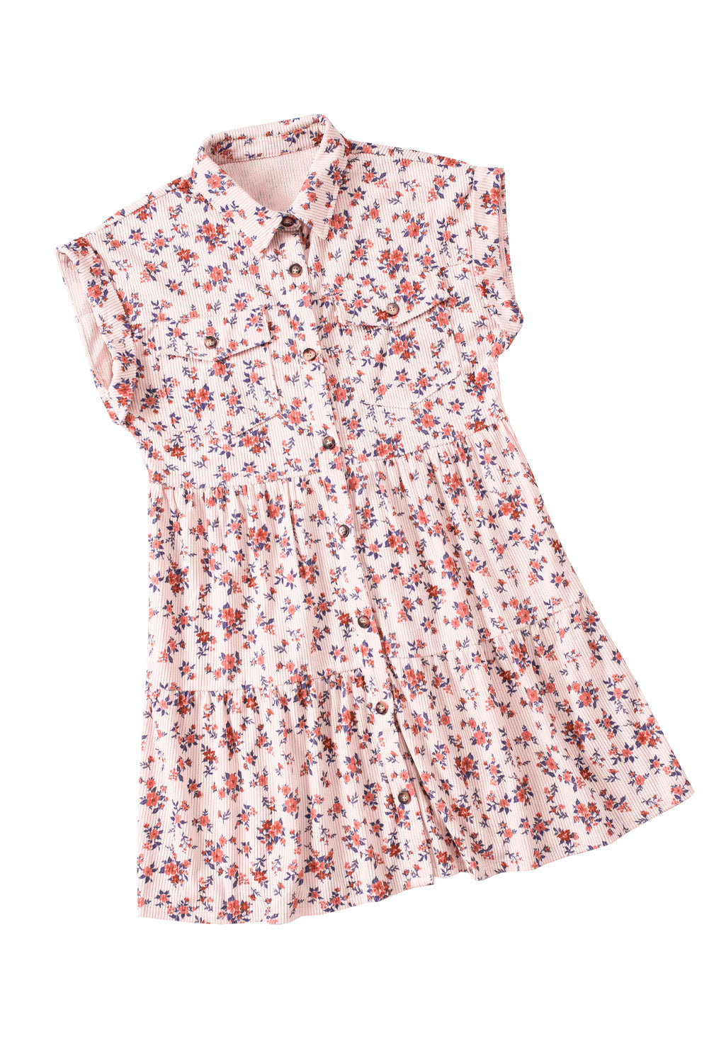 Pink Short Sleeve Flap Pockets Shirt Floral Dress