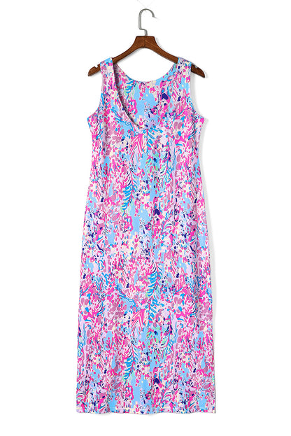 Purple Abstract Floral Print Sleeveless Maxi Dress