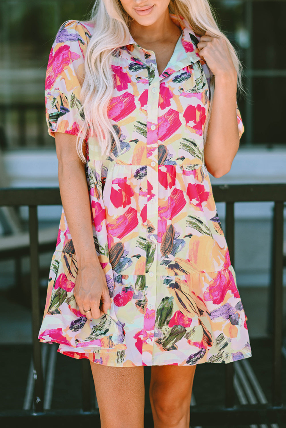 Multicolor Floral Print Short Sleeve Shirt Dress