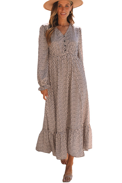 Smoke Gray Dotty Print Button V Neck Long Sleeve Ruffled Dress