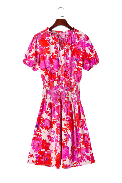 Rose Floral Smocked Waist Bubble Sleeve Flare Dress