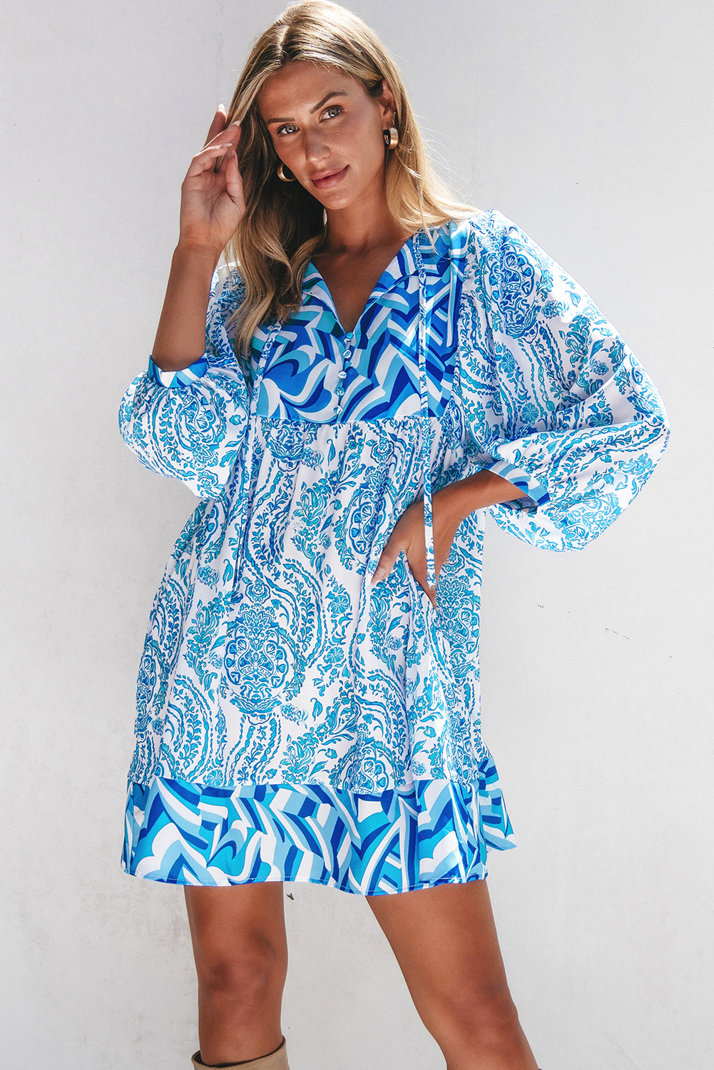 Sky Blue Bohemian Print Puff Sleeve Tied V Neck Flared Mini Dress